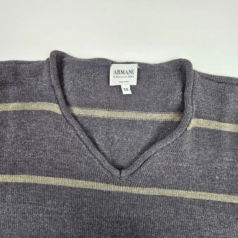 Armani Collezioni Men's M Merino Wool Sweater Made Italy V Neck Striped Gray